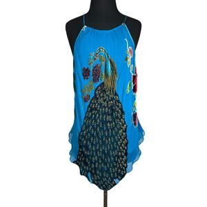 Lane Bryant Embellished Peacock Silk Halter Tank Top Size 22 Fairycore Velvet